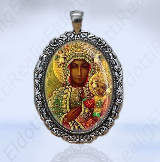 Black Madonna Our Lady of Czestochowa - Catholic Medal Pendant Oval Victorian Style