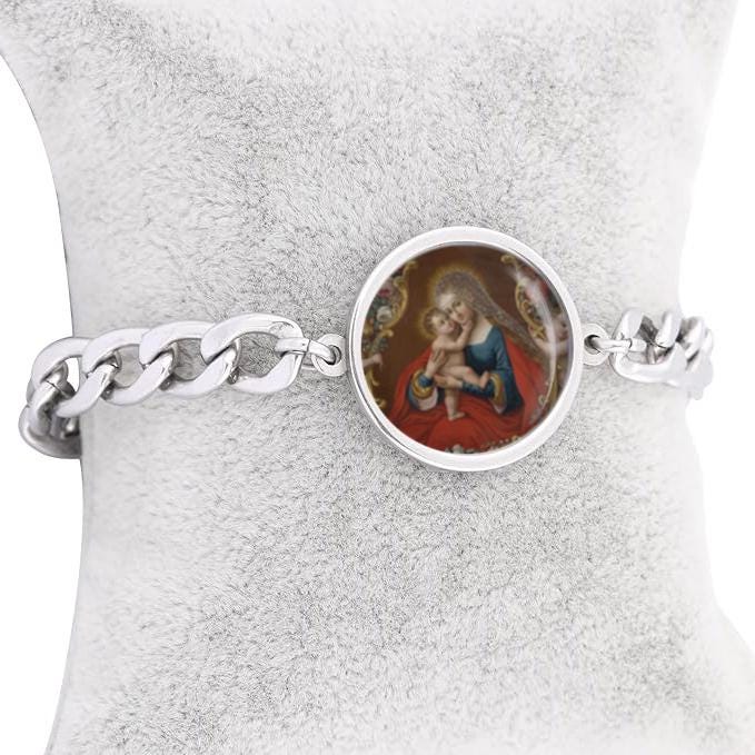 Our Lady Virgin Mary Curb Bracelet Gold or Silver tone Religious Jewelry Simple Chain