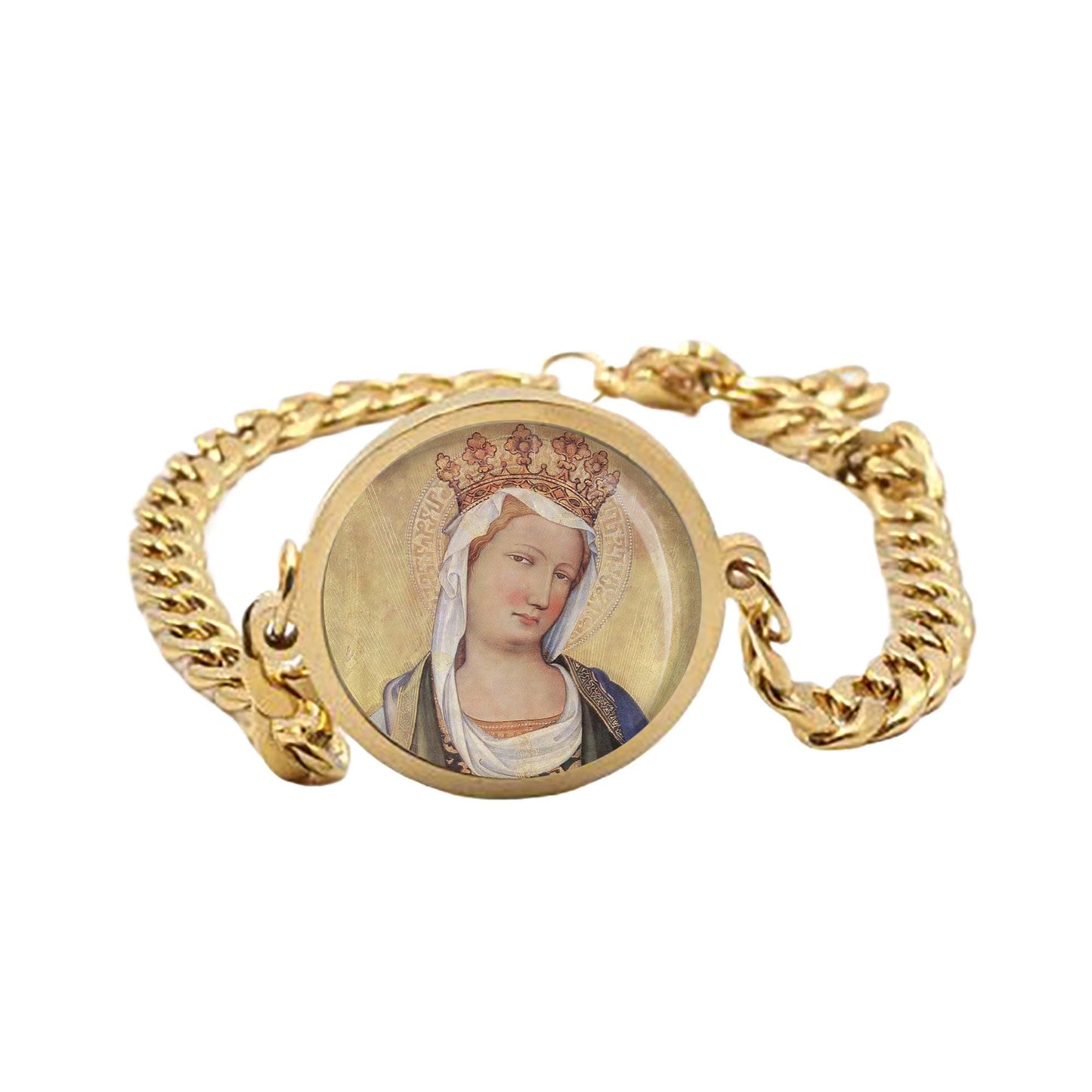 Our Lady Virgin Mary By Master Of The Bambino Vispo Curb Bracelet Gold or Silver tone Religious Jewelry Simple Chain
