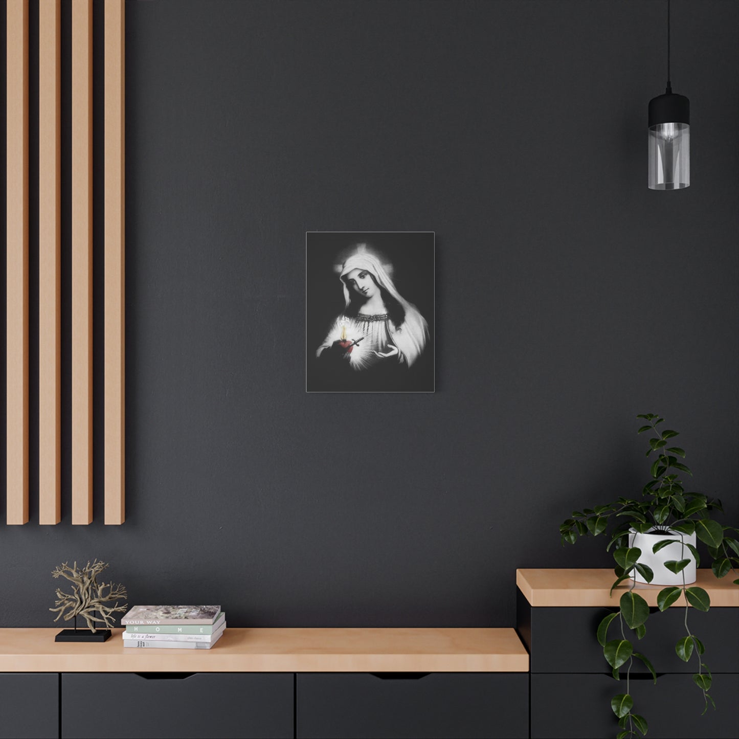 Ready To Hang - Mother Mary Immaculate Heart Catholic Sorrowful Mary Canvas Wall Art, Christian Decor Black and White