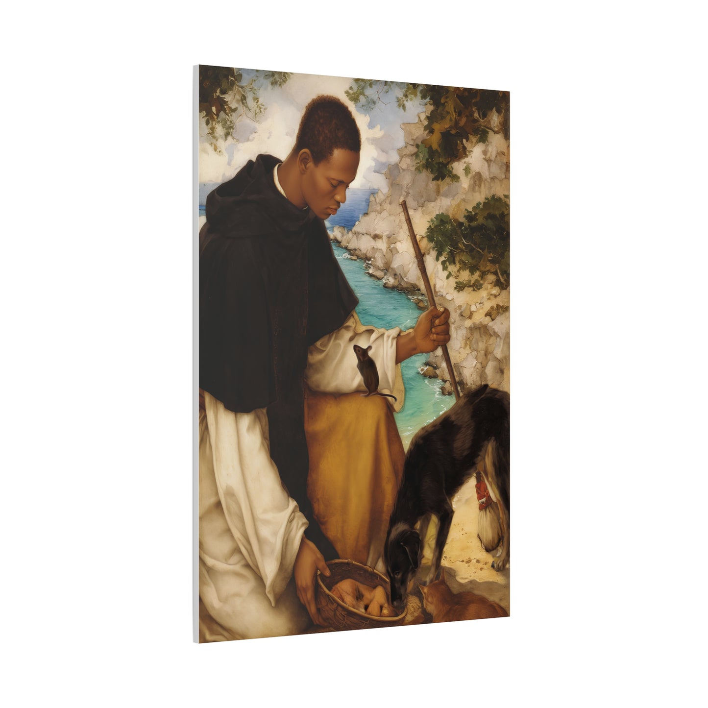 Ready To Hang - St. Martin de Porres with Mouse and Dog Catholic Canvas Wall Art - Christian Decor