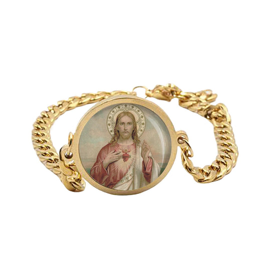 Jesus Sacred Heart Curb Bracelet Gold or Silver tone Religious Jewelry Simple Chain