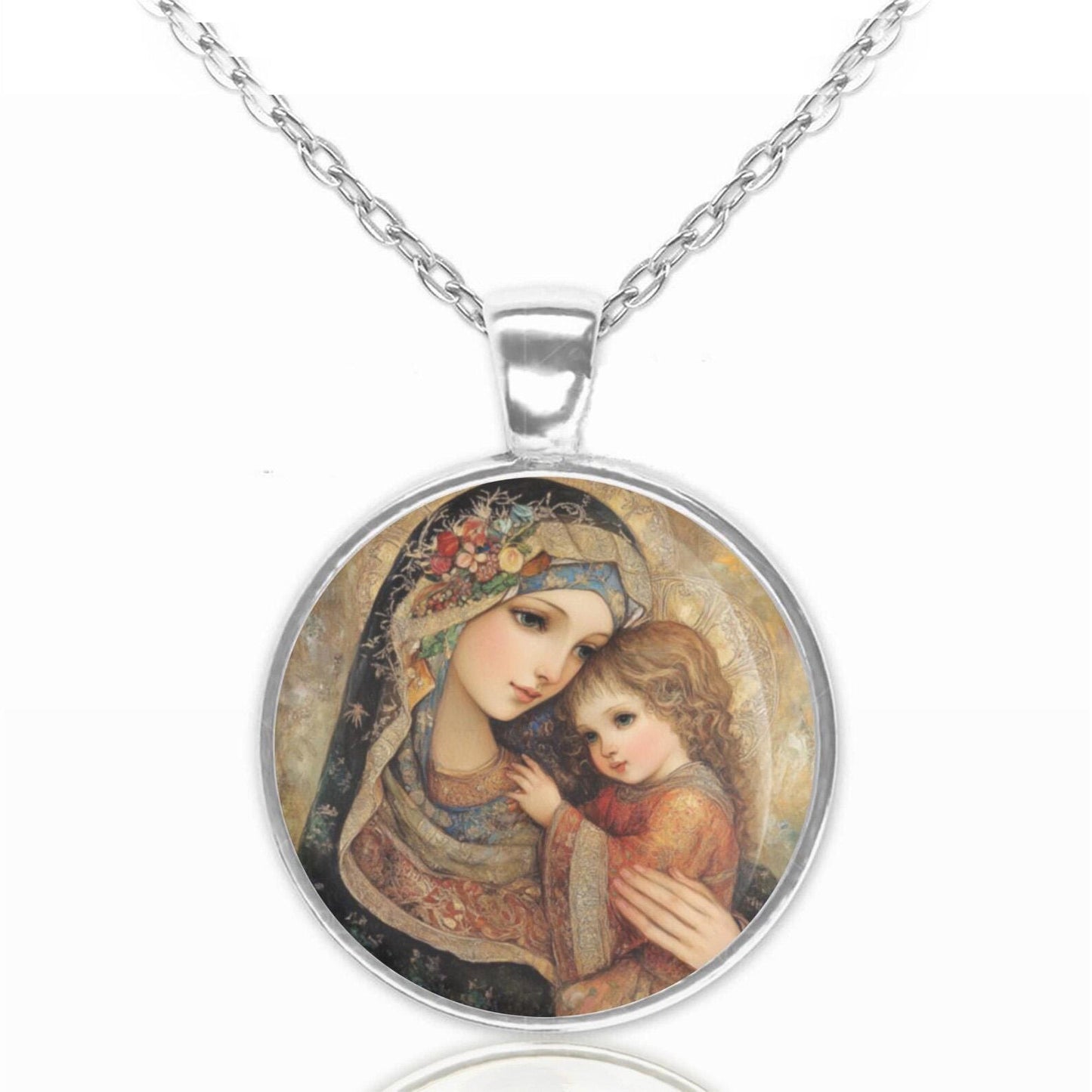 St Anne and Child Mary Catholic Necklace - Saint Ann Patron Pendant Medal.
