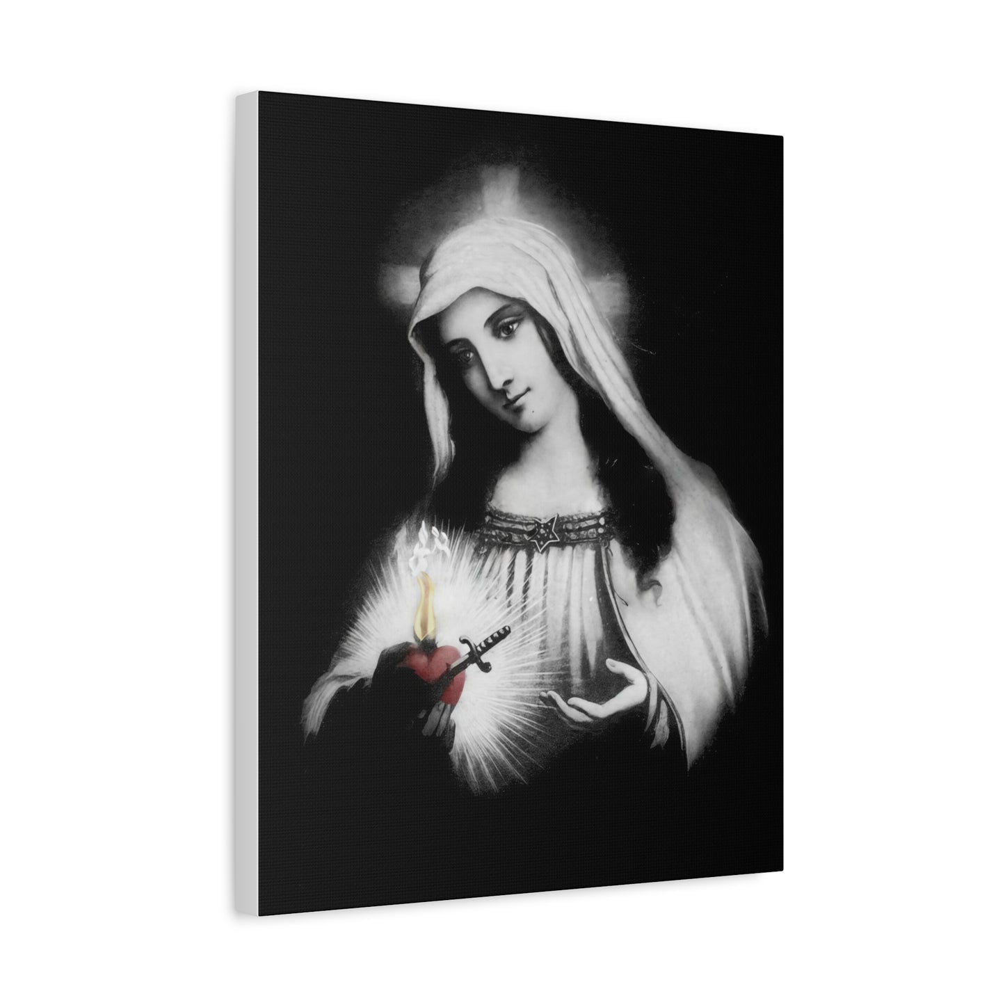 Ready To Hang - Mother Mary Immaculate Heart Catholic Sorrowful Mary Canvas Wall Art, Christian Decor Black and White