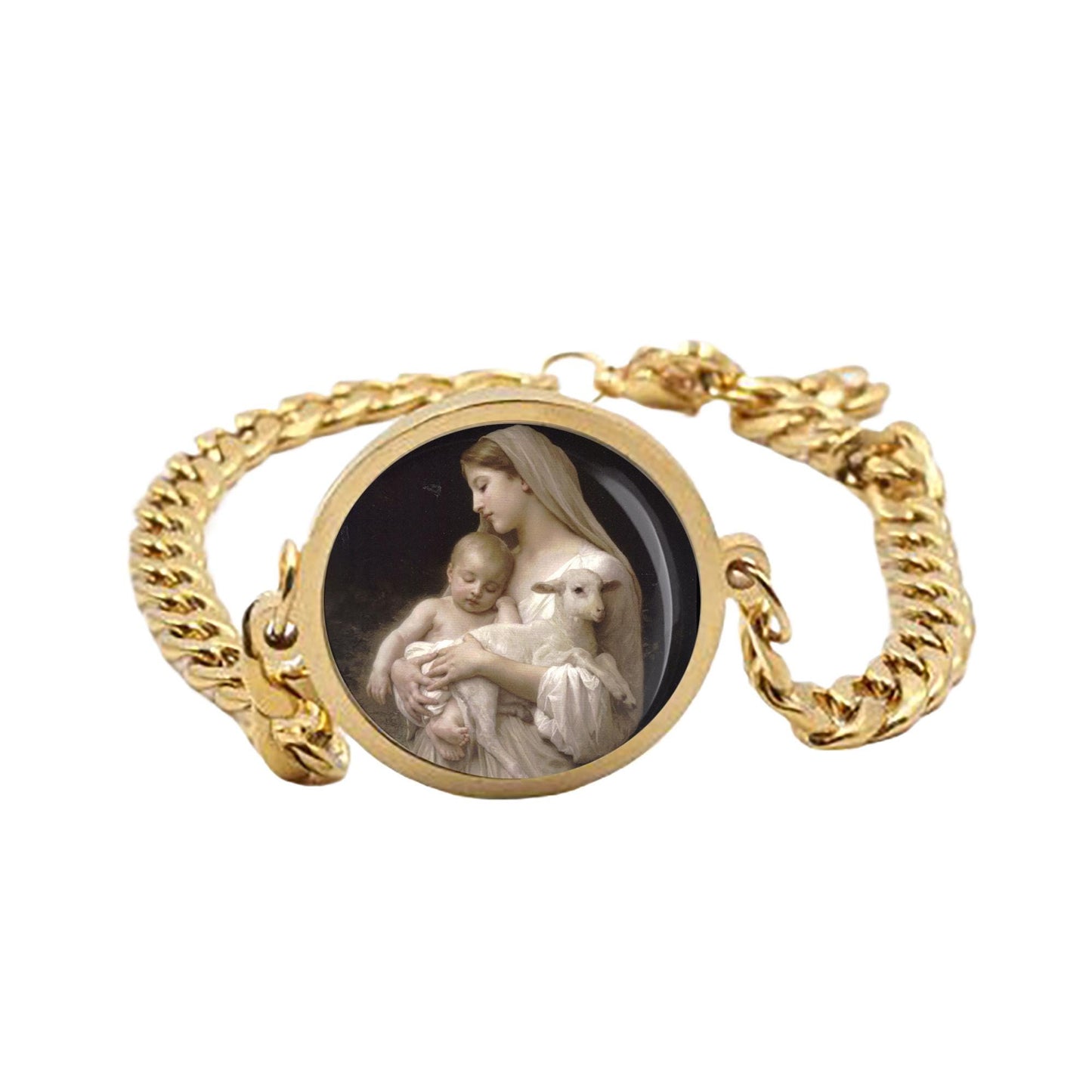 Our Lady Lamb Mary Baby Curb Bracelet Gold or Silver tone Religious Jewelry Simple Chain