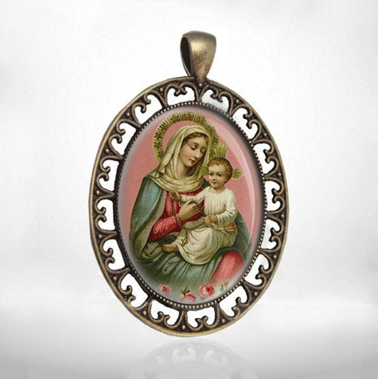 Our Lady Of The Rosary Catholic Medal Bronze Oval Virgin Mary and Baby Jesus Pendant Large