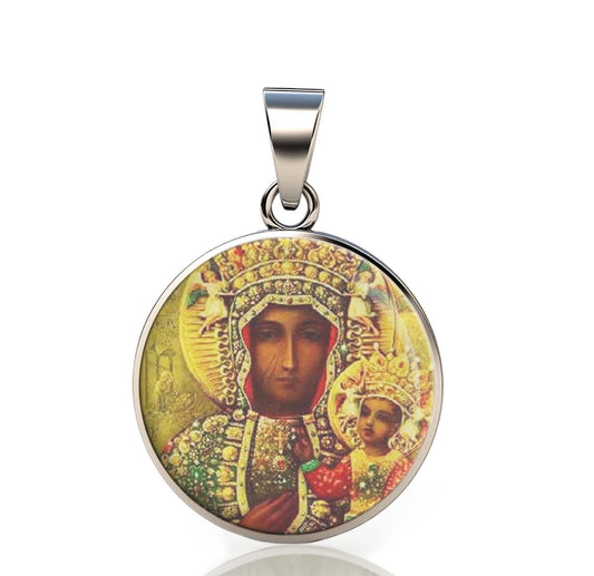 Our Lady Czestochowa Black Madonna 925 Sterling Silver Round Pendant Christian Religious Medal  20mm