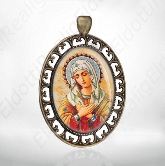 Blessed Virgin Mary Catholic Medal, Religious Jewelry Pendant Bronze