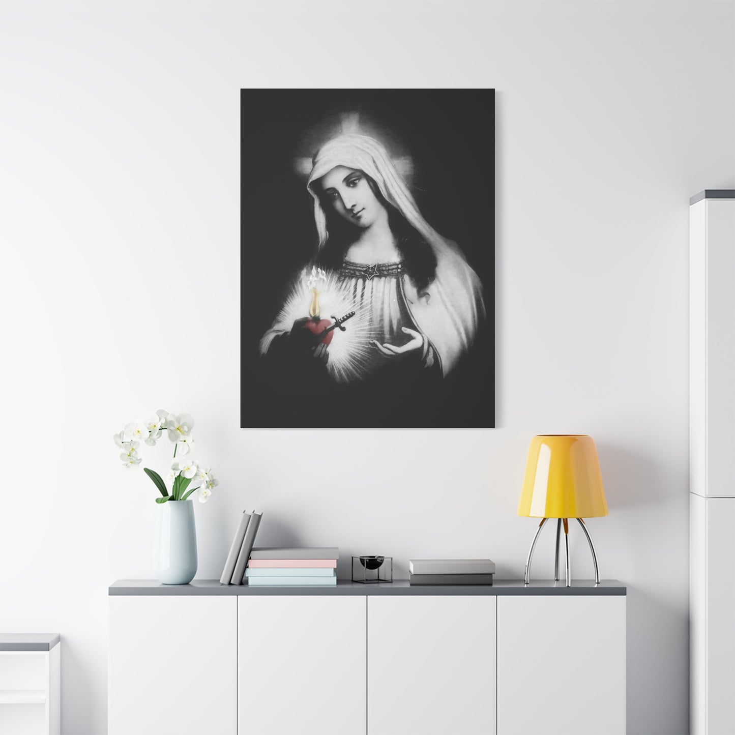 Ready To Hang - Mother Mary Immaculate Heart Catholic Sorrowful Mary Canvas Wall Art, Christian Decor Black and White