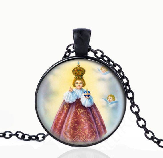 Infant JESUS of Prague Catholic Necklace. Black Pendant. CATHOLIC Christian Medal.