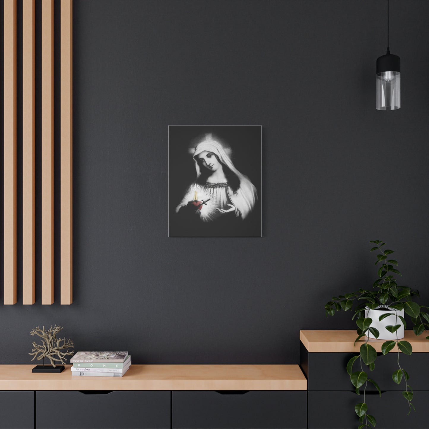 Ready To Hang - Mother Mary Immaculate Heart Catholic Sorrowful Mary Canvas Wall Art, Christian Decor Black and White