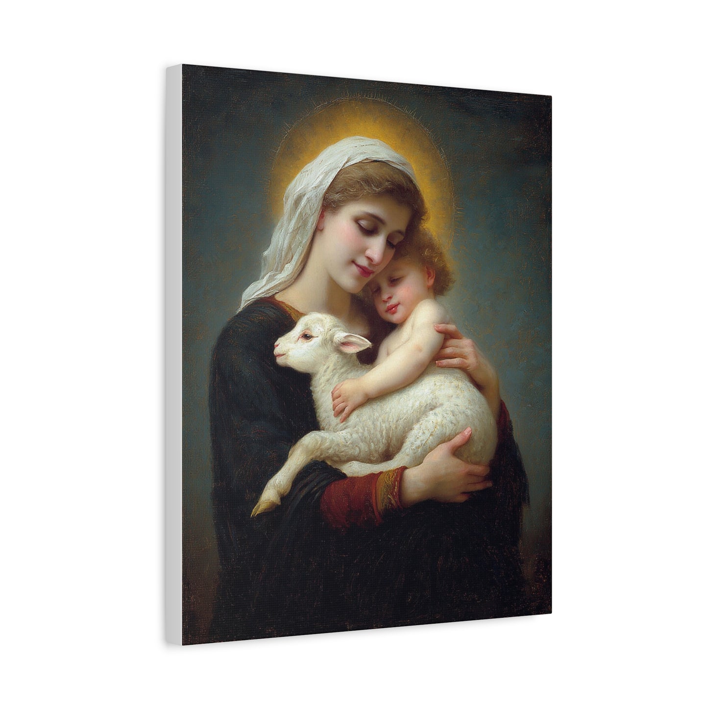 Mother Mary with Baby Jesus and Lamb Catholic Canvas Wall Art, Christian Decor