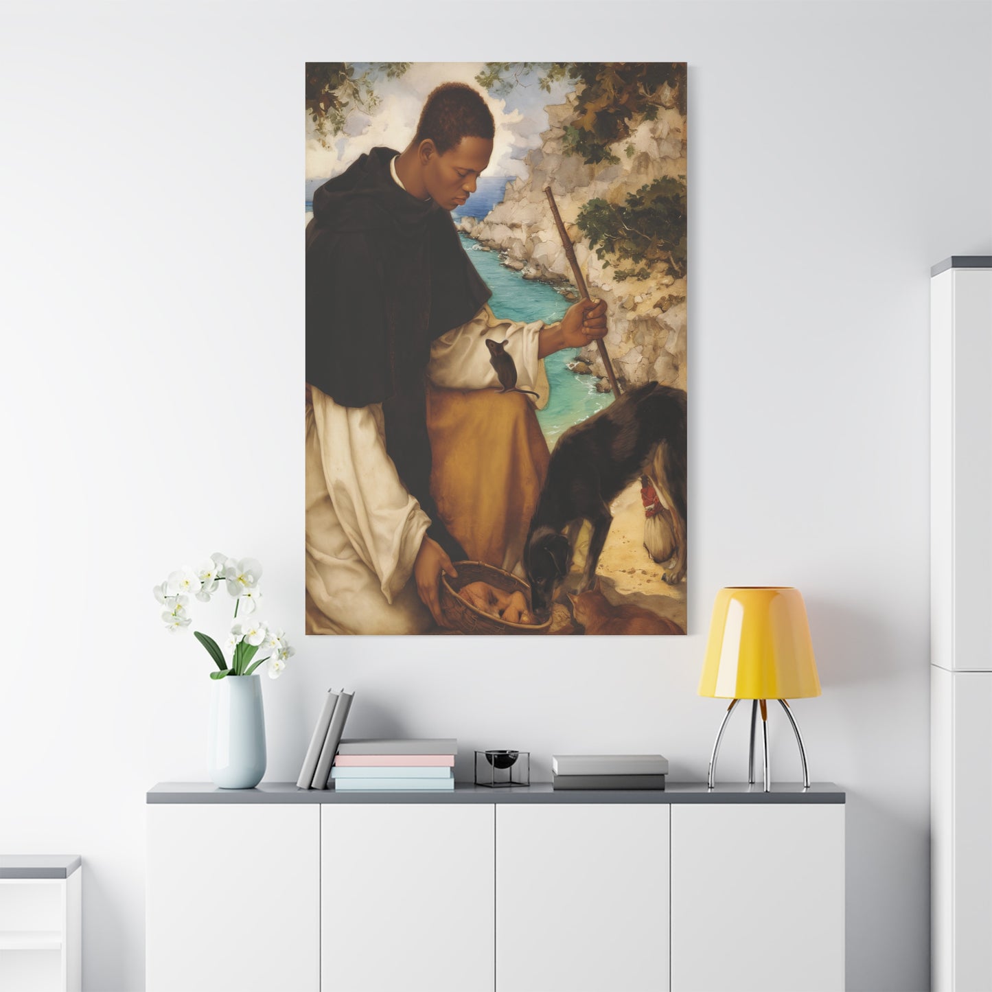Ready To Hang - St. Martin de Porres with Mouse and Dog Catholic Canvas Wall Art - Christian Decor