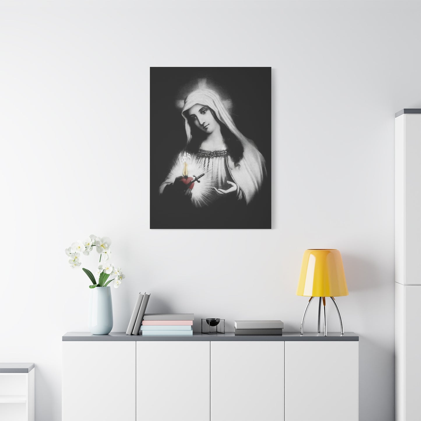 Ready To Hang - Mother Mary Immaculate Heart Catholic Sorrowful Mary Canvas Wall Art, Christian Decor Black and White