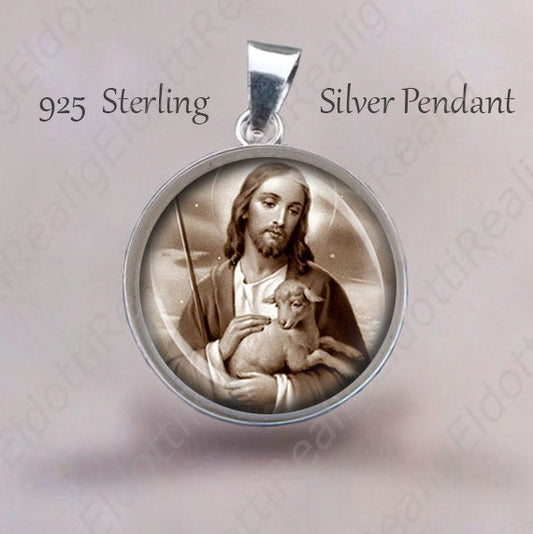 Jesus with Lamb Black and White Pendant. Religious Christian Medal 925 Sterling Silver Medal. Jesus Religious Christian Jewelry. NEW