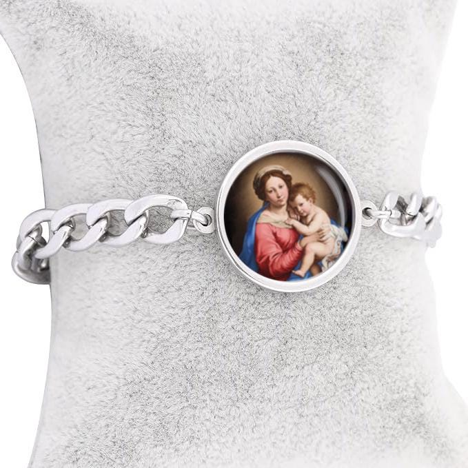 Our Lady Mother Mary And Baby Curb Bracelet Gold or Silver tone Religious Jewelry Simple Chain