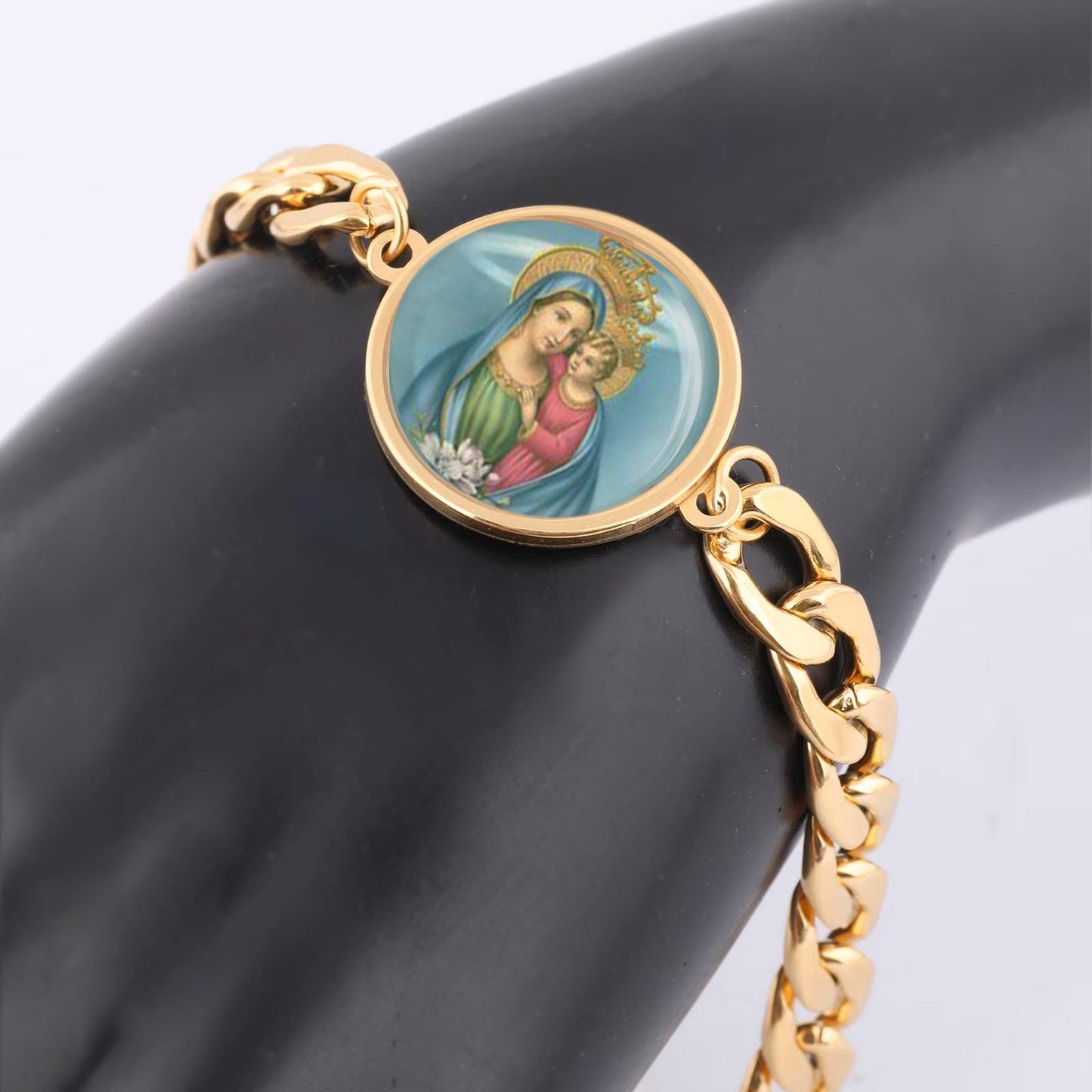 Our Lady of Consolation Curb Bracelet Gold or Silver tone Religious Jewelry Simple Chain