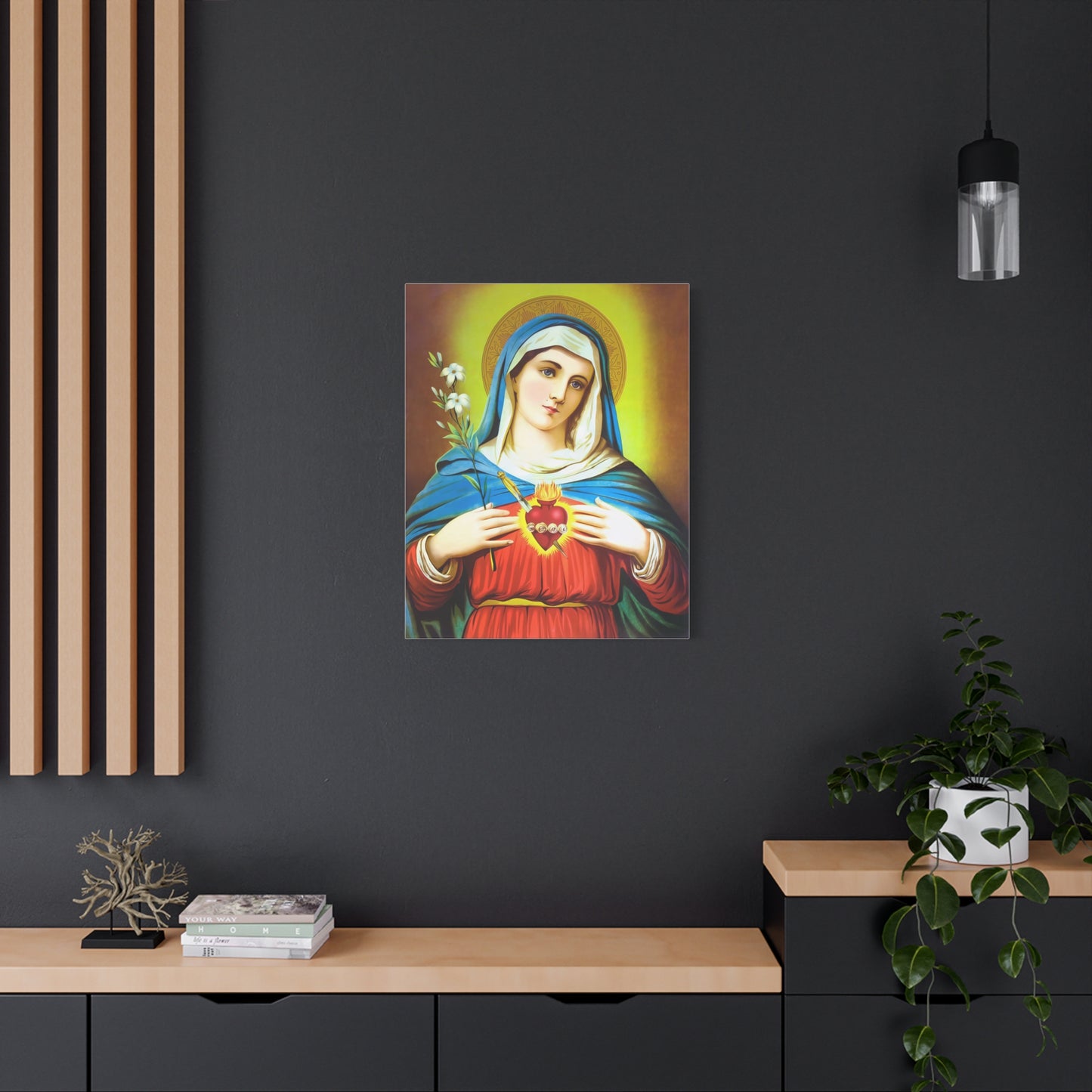 Ready To Hang - Mother Mary Immaculate Heart and Lilies Catholic Canvas Wall Art, Christian Decor