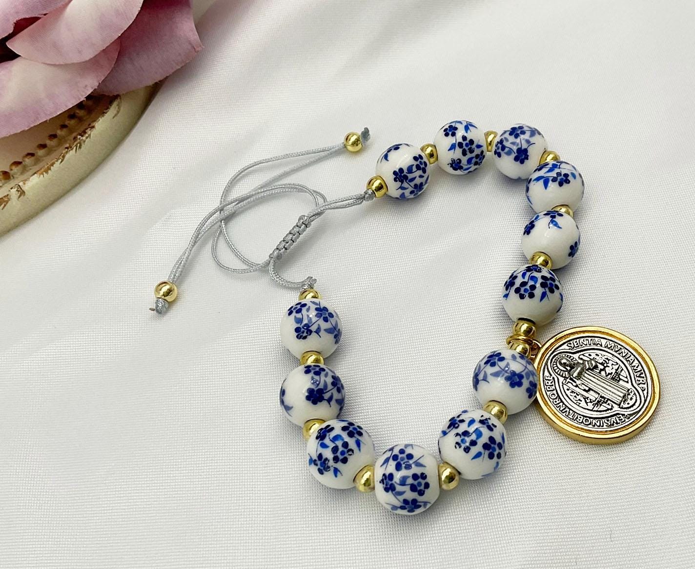 Saint Benedict Pendant Charm Bracelet - Porcelain Beaded Catholic Bracelet, Blue and White Floral Design, Adjustable Cord 18K Gold Plated