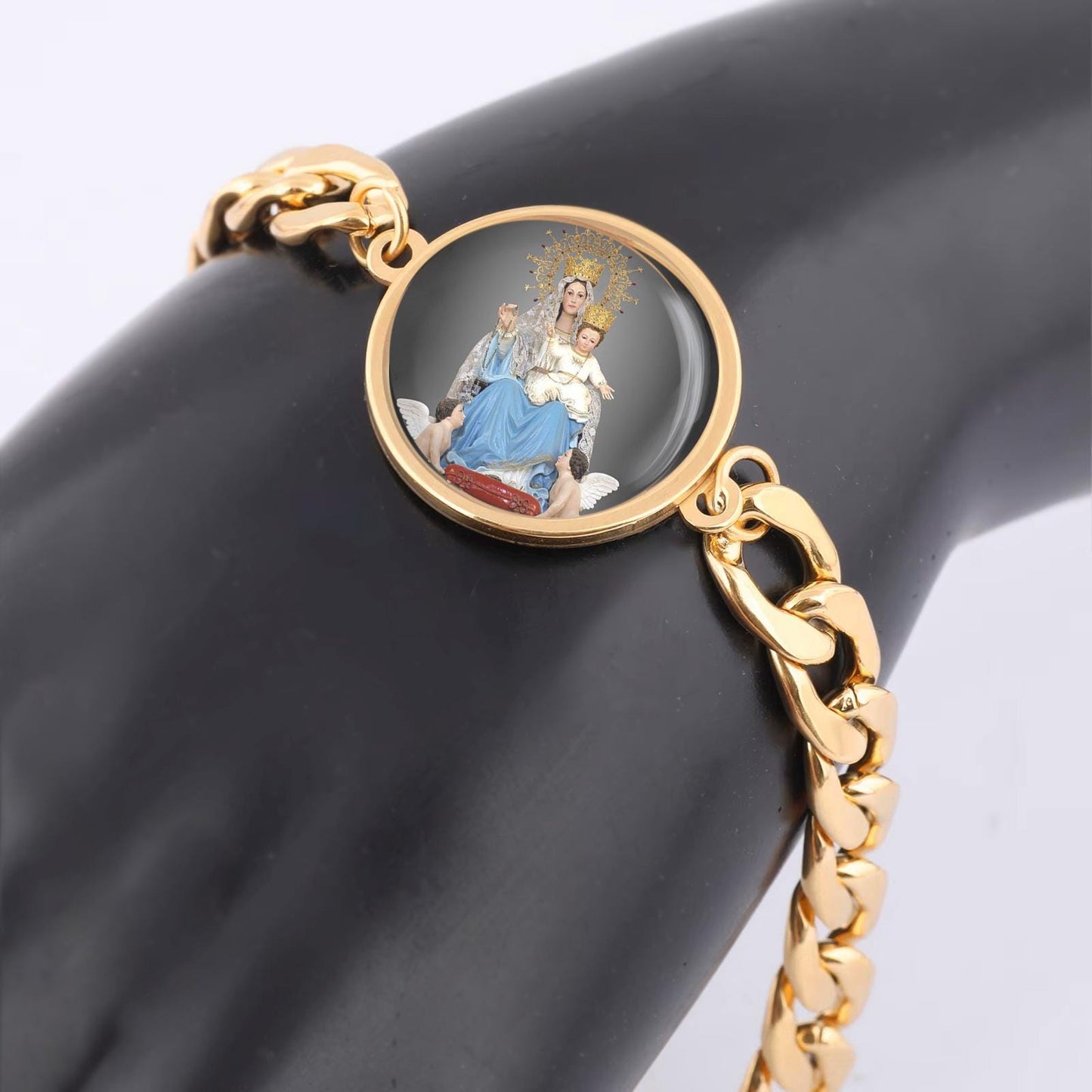 Our Lady Arabia Mary Curb Bracelet Gold or Silver tone Religious Jewelry Simple Chain