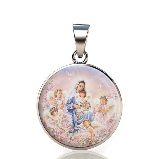 Our Lady Mary, Baby And Cherubs 925 Sterling Silver Round Pendant Christian Religious Medal Small 20mm