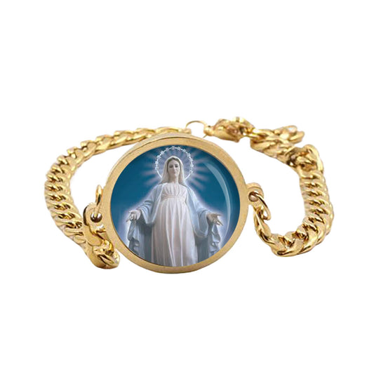 Our Lady Medjugorje Mary Mary Curb Bracelet Gold or Silver tone Religious Jewelry Simple Chain