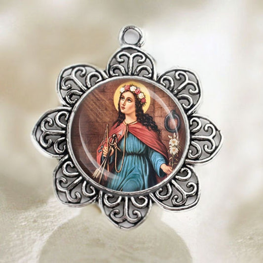 St Philomena Medal Catholic Christian Flower Shaped Silver Tone Jewelry