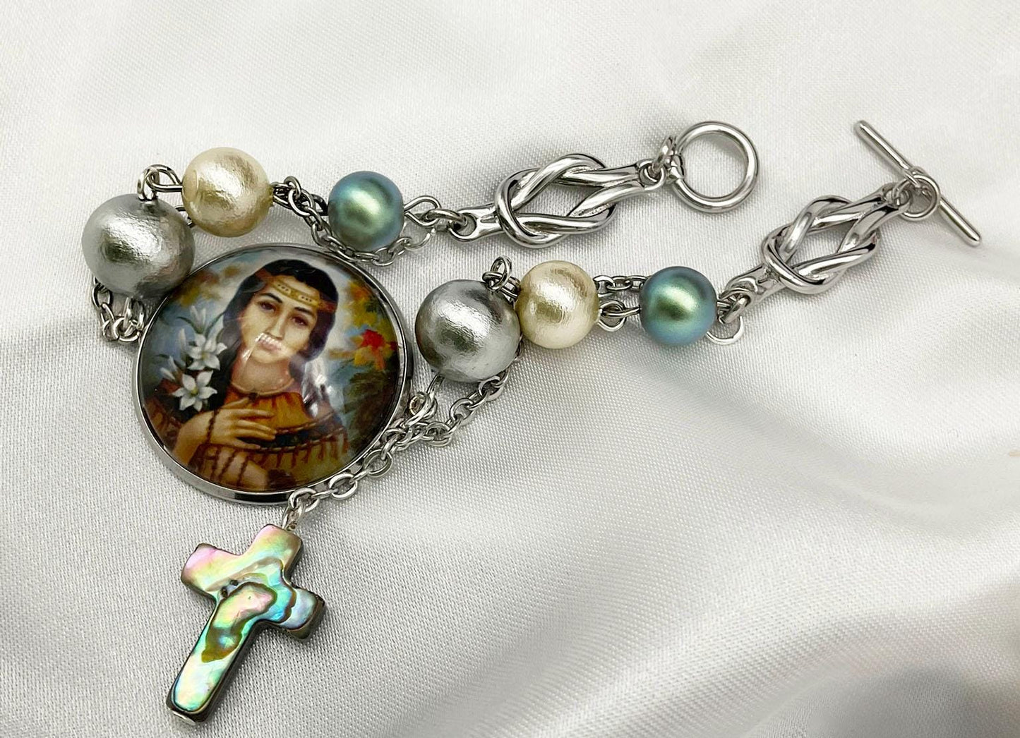 St Kateri Tekakwitha Bracelet - Catholic Bracelet with Cotton and Fresh Water Pearls - Custom Available!