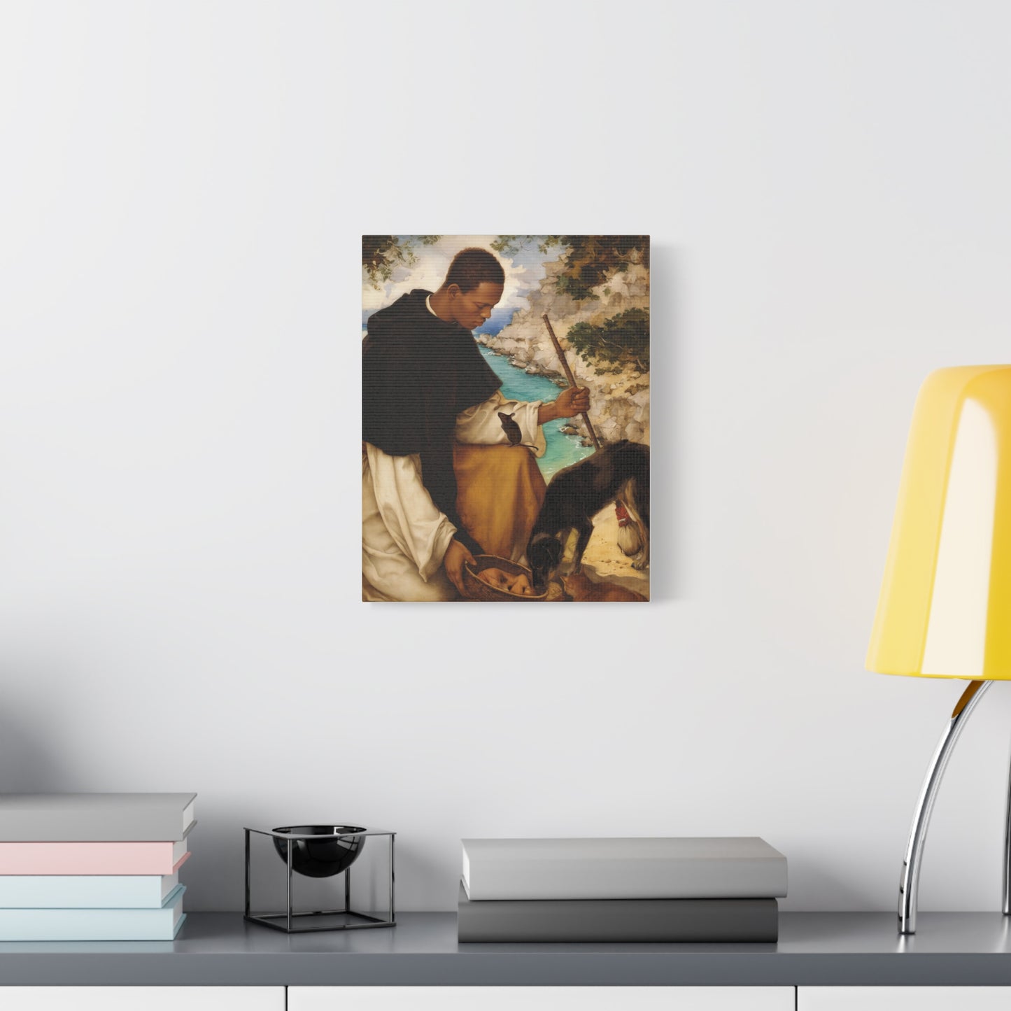 Ready To Hang - St. Martin de Porres with Mouse and Dog Catholic Canvas Wall Art - Christian Decor