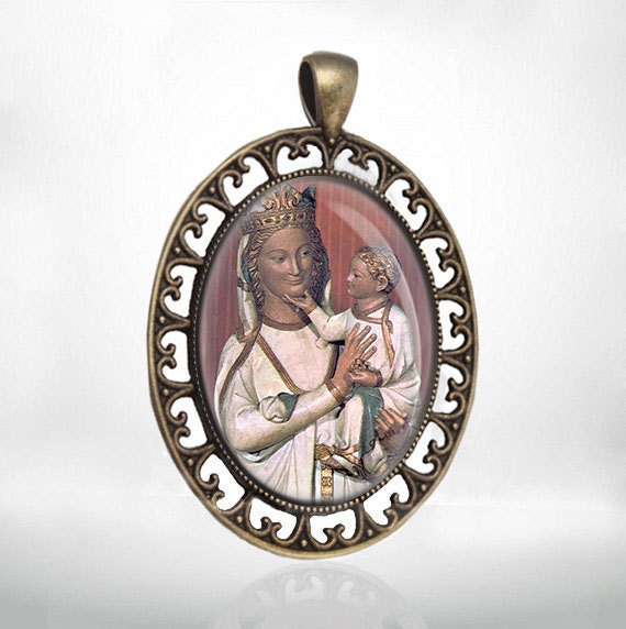 Virgen Blanca White Virgin Catholic Medal Mother Mary and Jesus Pendant Oval Large Jewelry Smiling Virgin of Toledo, Virgin of Prima