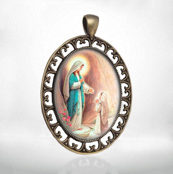 Our Lady of Lourdes Catholic Pendant Virgin Mary Medal Bronze Oval