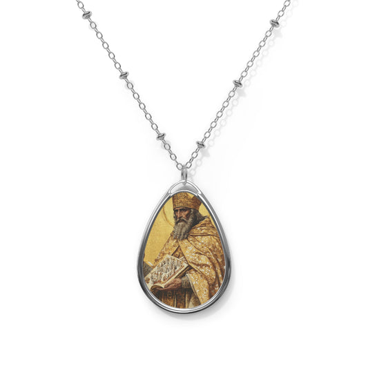 St Aedan of Ferns Necklace Drop Oval Pendant Silver Tone Medal