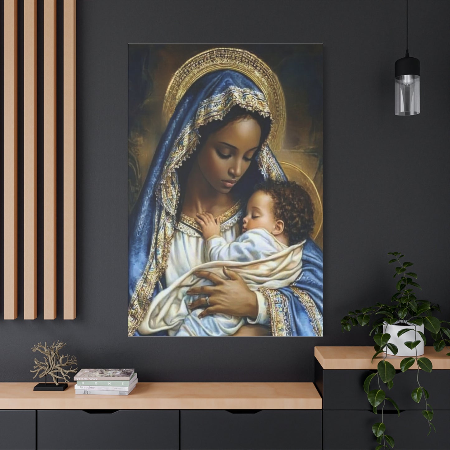 Black Mary African Mother with Baby Jesus Catholic Canvas Wall Art, Christian Decor
