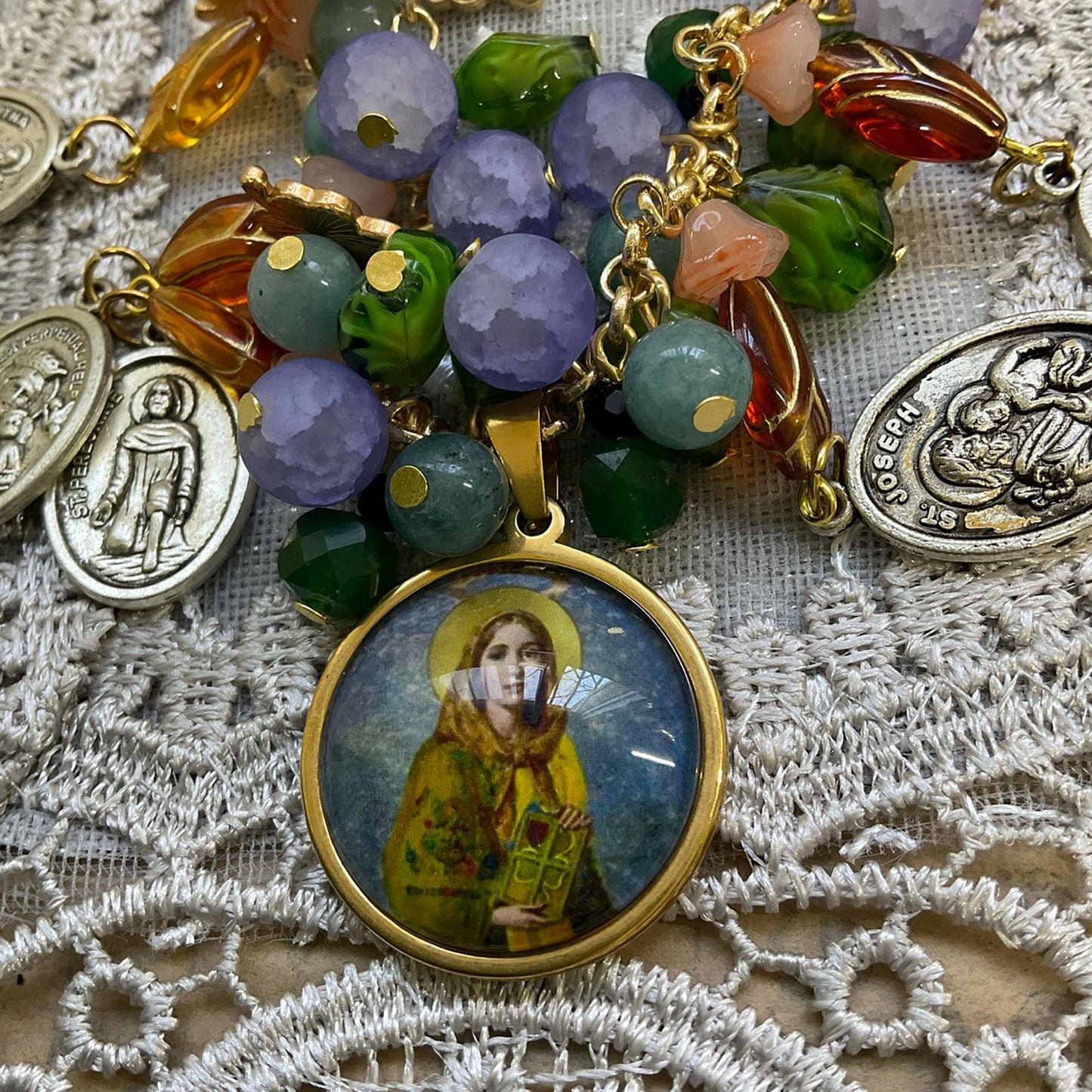St Dymphna Catholic Bracelet | Aquamarine, Czech Glass beads | Religious Handmade Beaded Bracelet - Custom Size Available!