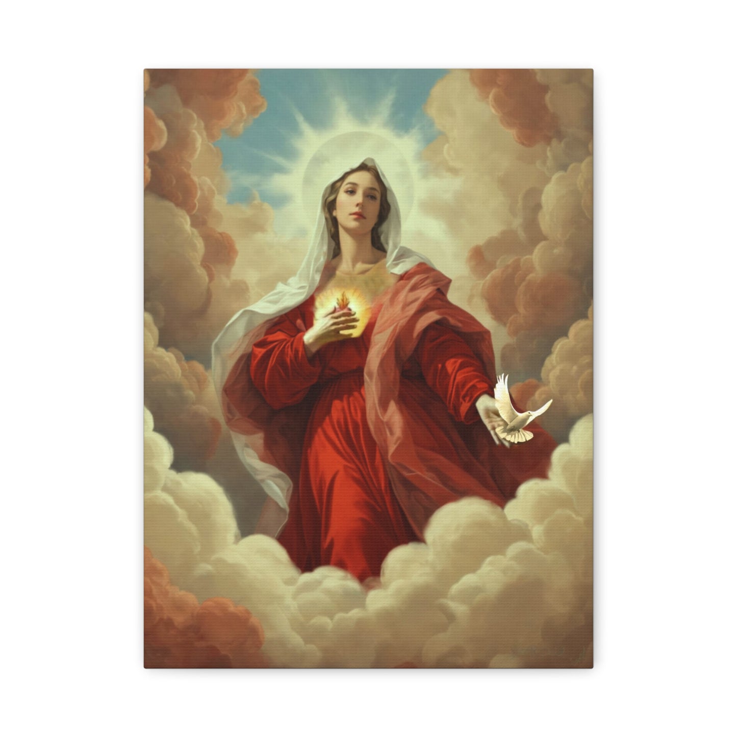 Mother Mary with Dove Heaven Catholic Canvas Wall Art, Christian Decor