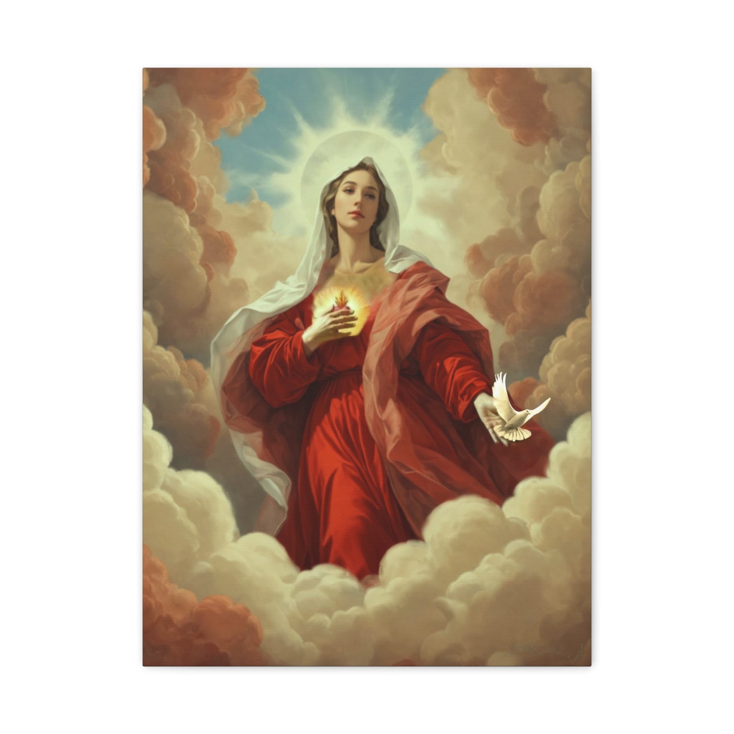 Mother Mary with Dove Heaven Catholic Canvas Wall Art, Christian Decor