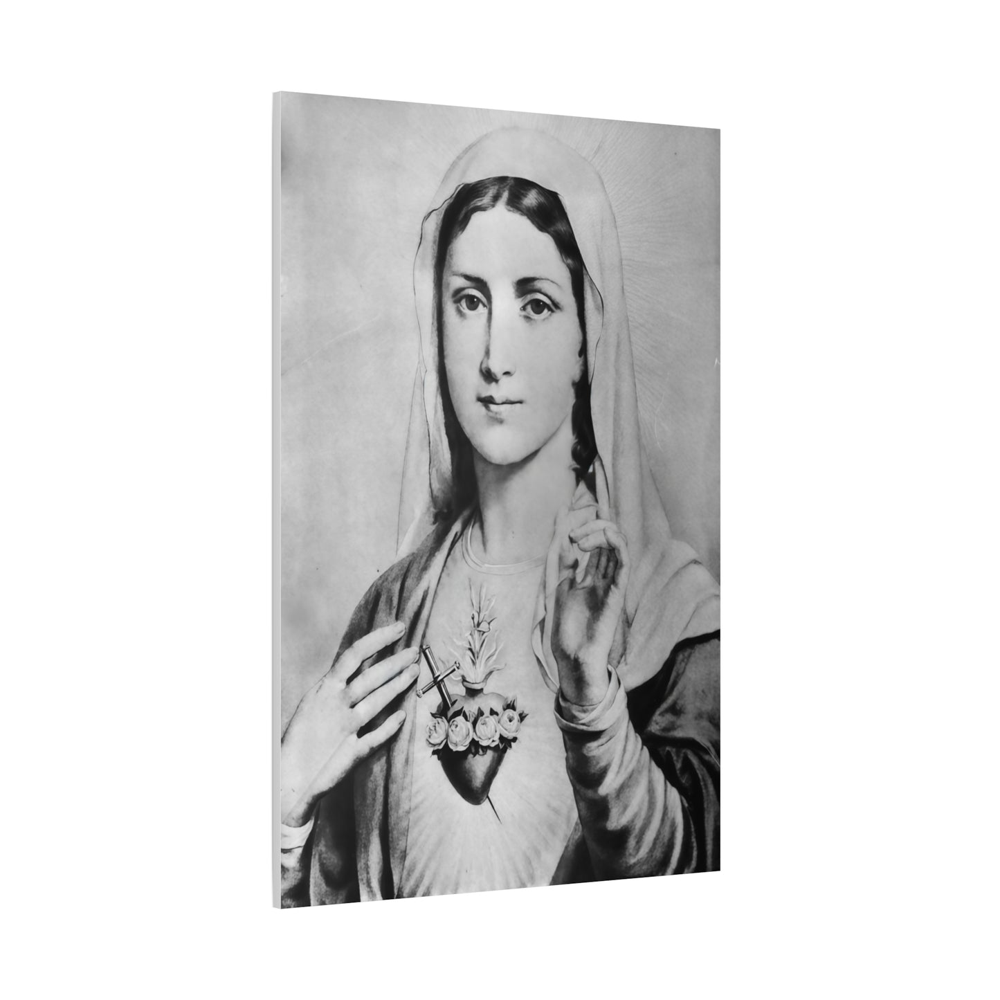 Ready To Hang - Black and White Mother Mary Immaculate Heart Catholic Canvas Wall Art, Christian Decor