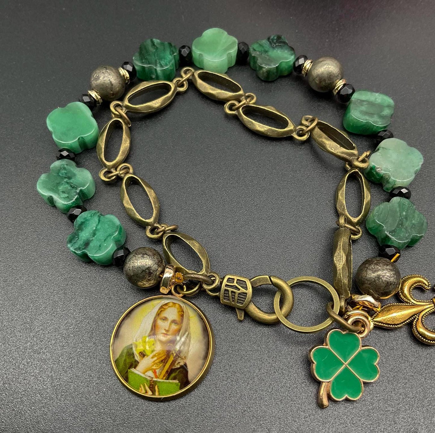 St Dymphna Catholic Bracelet with Emerald Clover Beads Fleur-de-lis