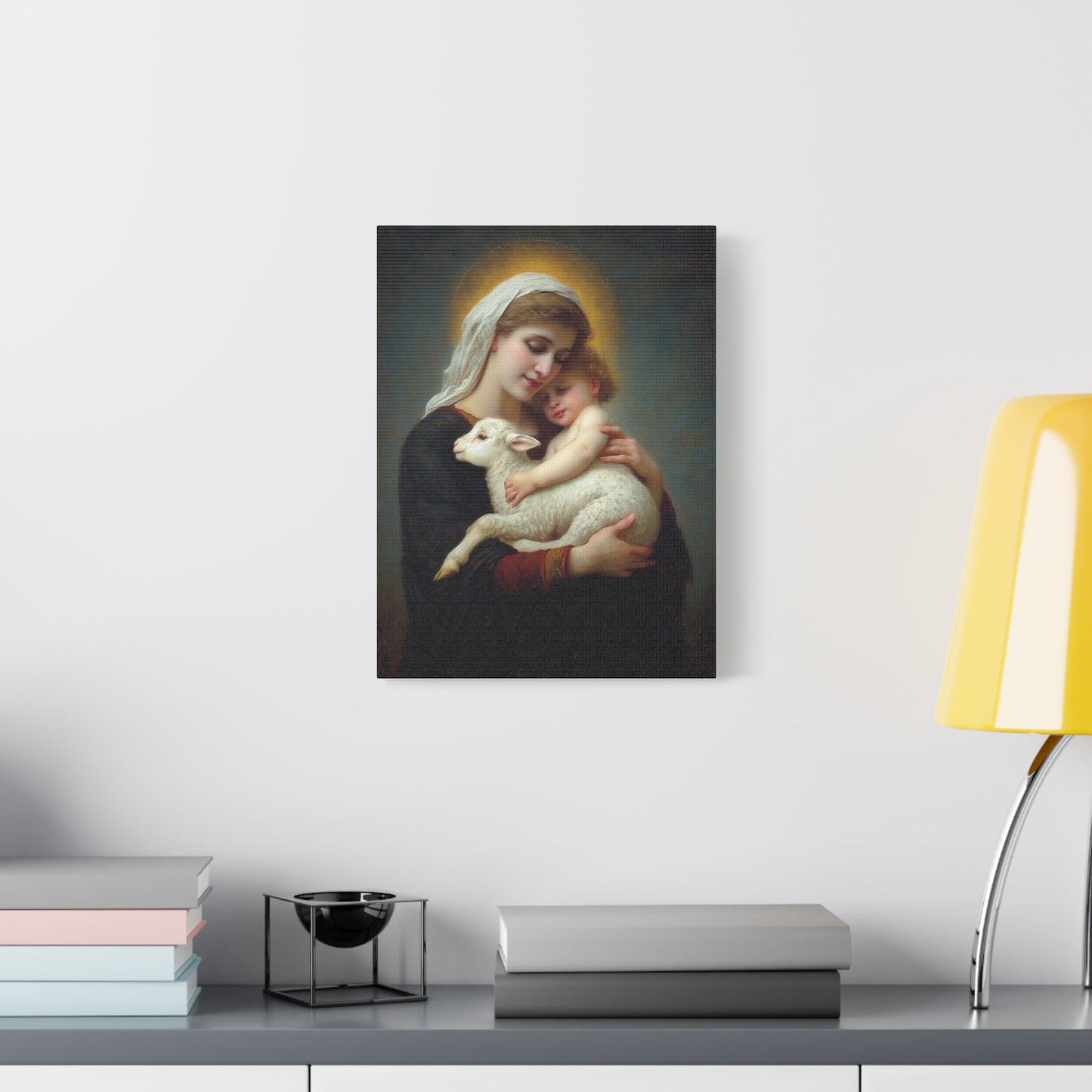 Mother Mary with Baby Jesus and Lamb Catholic Canvas Wall Art, Christian Decor