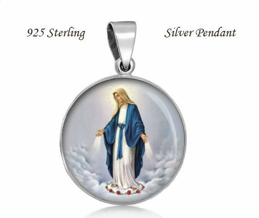 Our Lady of Grace Religious Christian Pendant. Sterling Silver 925 Pendant 20mm