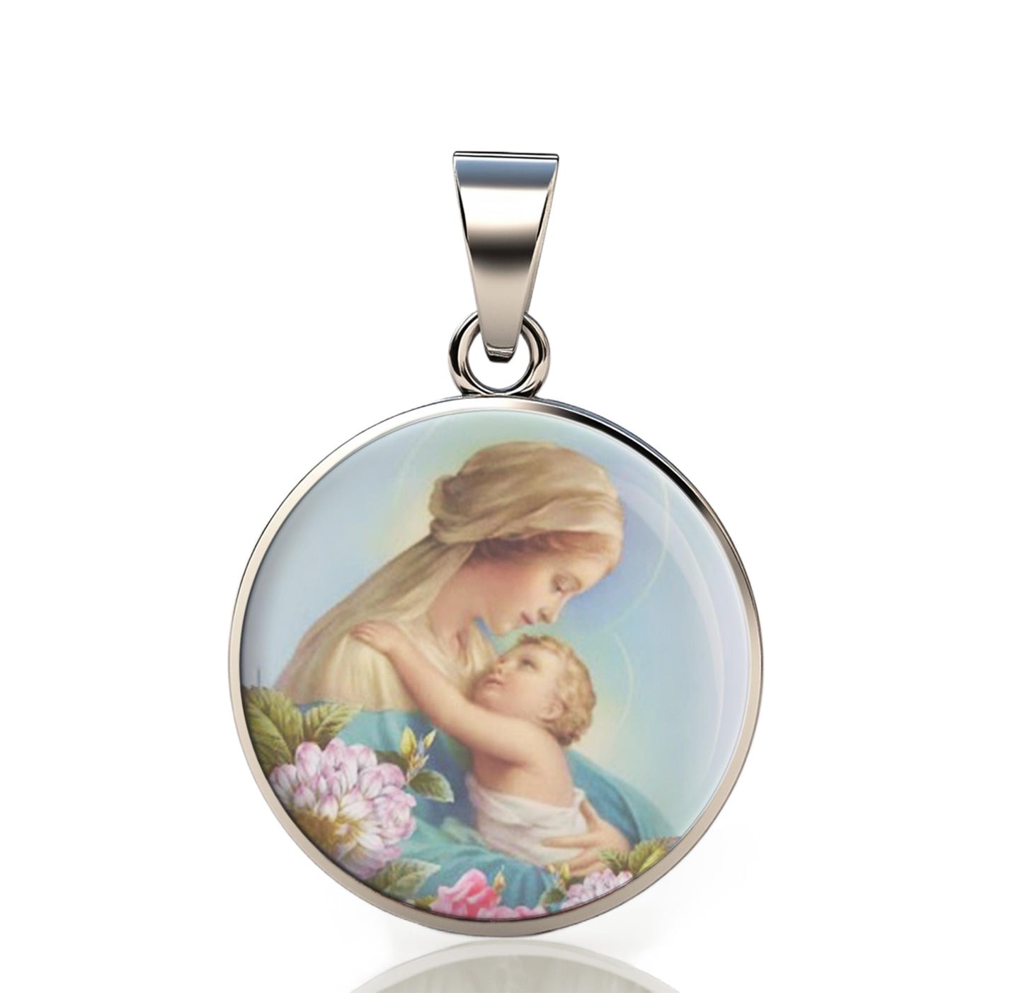 Our Lady Mary 925 Sterling Silver Round I Pendant Christian Religious Medal Small 20mm
