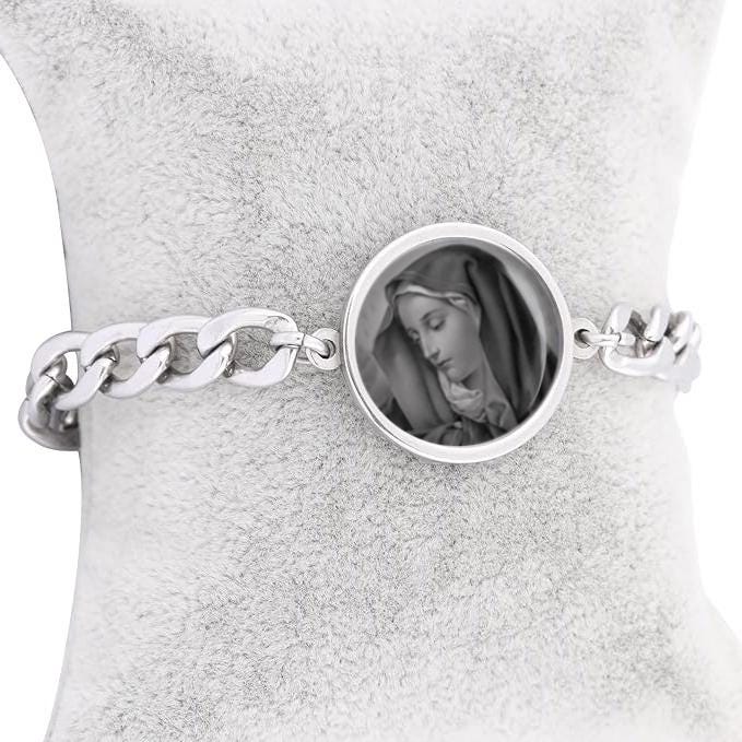 Our Lady Sorrows Black Mother Mary Curb Bracelet Gold or Silver tone Religious Jewelry Simple Chain