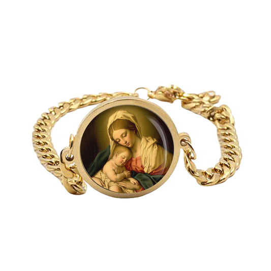 Our Lady Our Blessed Mother Mary And Baby Jesus Curb Bracelet Gold or Silver tone Religious Jewelry Simple Chain
