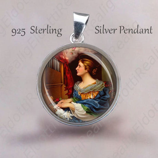 St. Cecilia Religious Christian Medal. Sterling Silver 925 Medal. Genuine Silver Christian Pendant 20mm