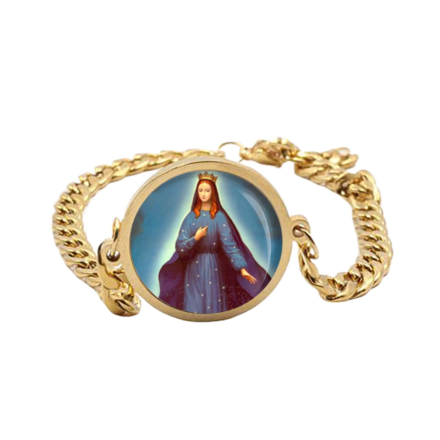 Our Lady Pontmain Curb Bracelet Gold or Silver tone Religious Jewelry Simple Chain