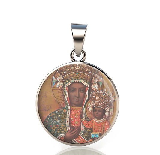 Our Lady Czestochowa 925 Sterling Silver Round Pendant Christian Religious Medal Small 20mm