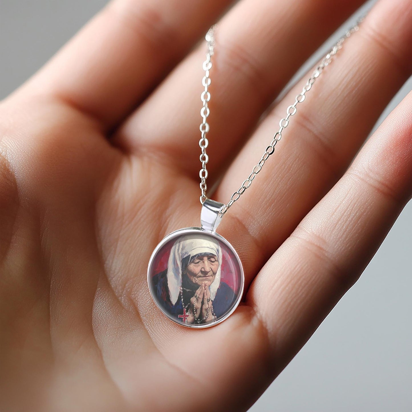 Blessed Mother Teresa Necklace Medal | Oil Painted Style Patron Pendant Religious Christian Jewelry