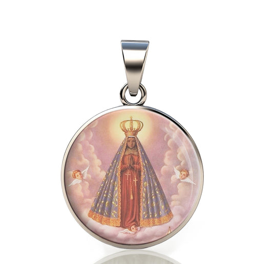 Our Lady Aparecida Catholic Mary 925 Sterling Silver Round Pendant Christian Religious Medal Small 20mm