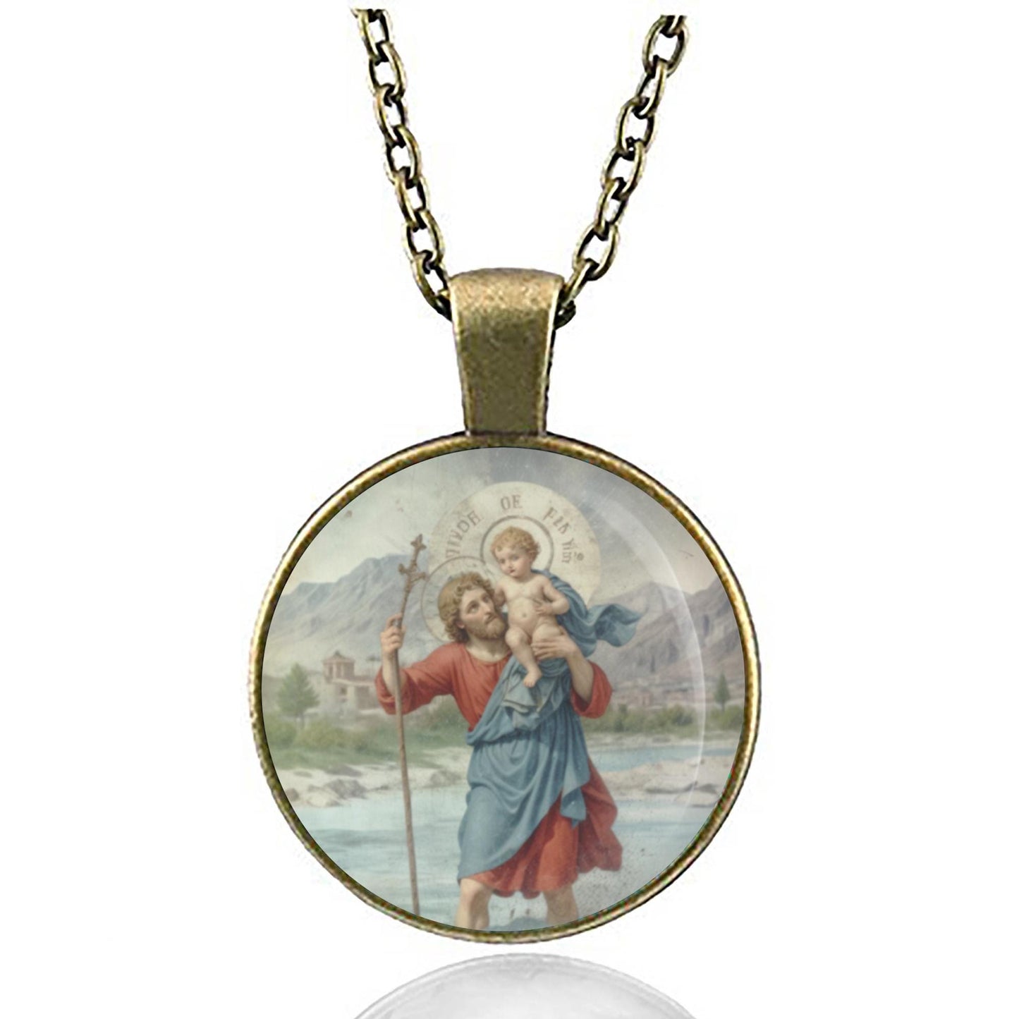 St. Christopher with Baby Jesus Catholic Medal Pendant Necklace