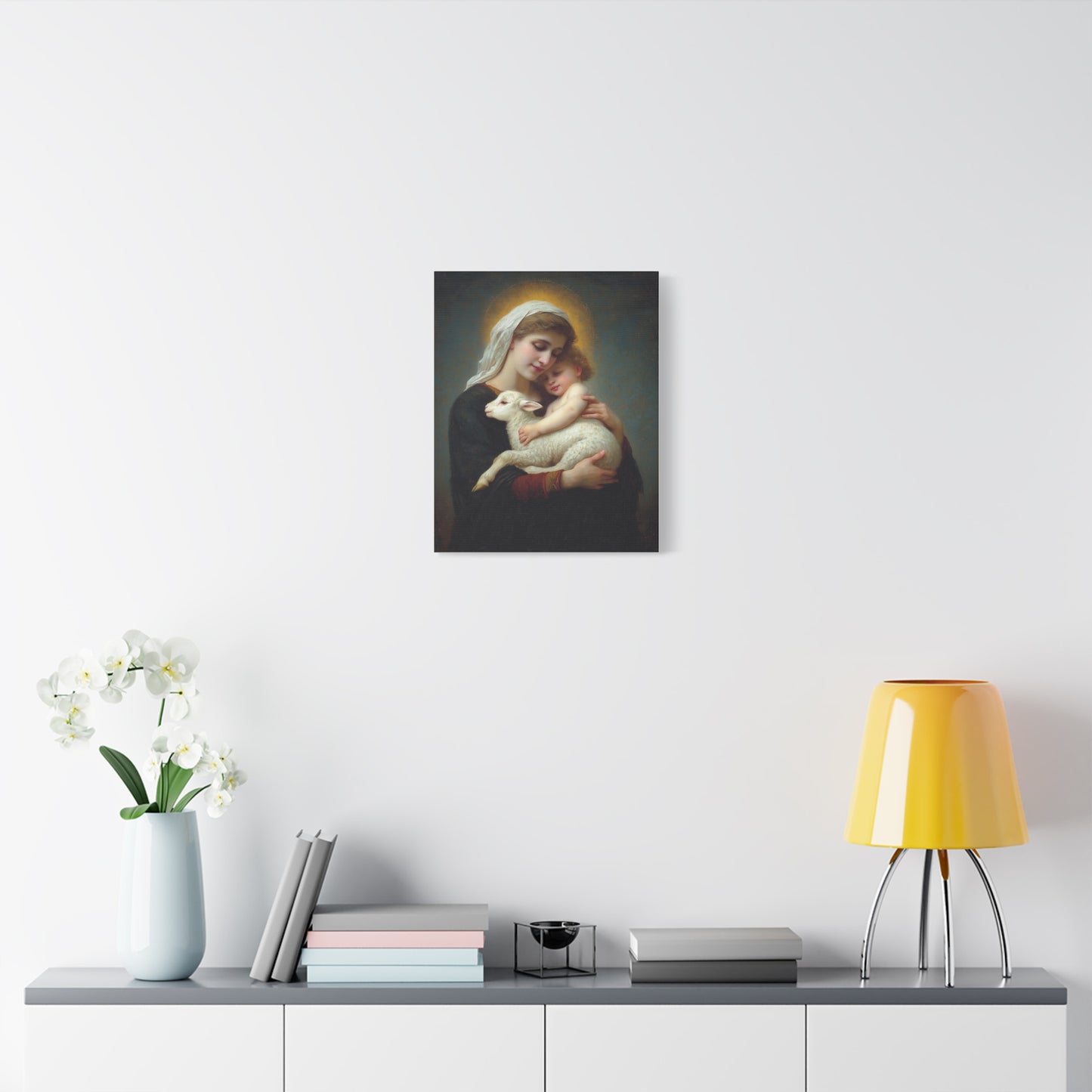 Mother Mary with Baby Jesus and Lamb Catholic Canvas Wall Art, Christian Decor